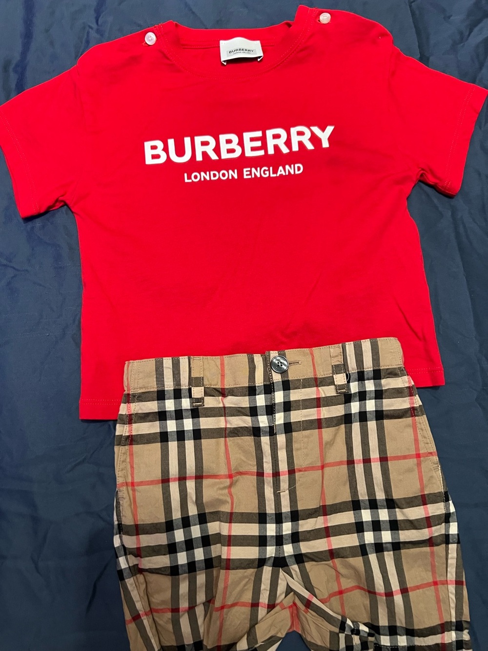 Burberry Red Logo Tee with Classic Check Shorts